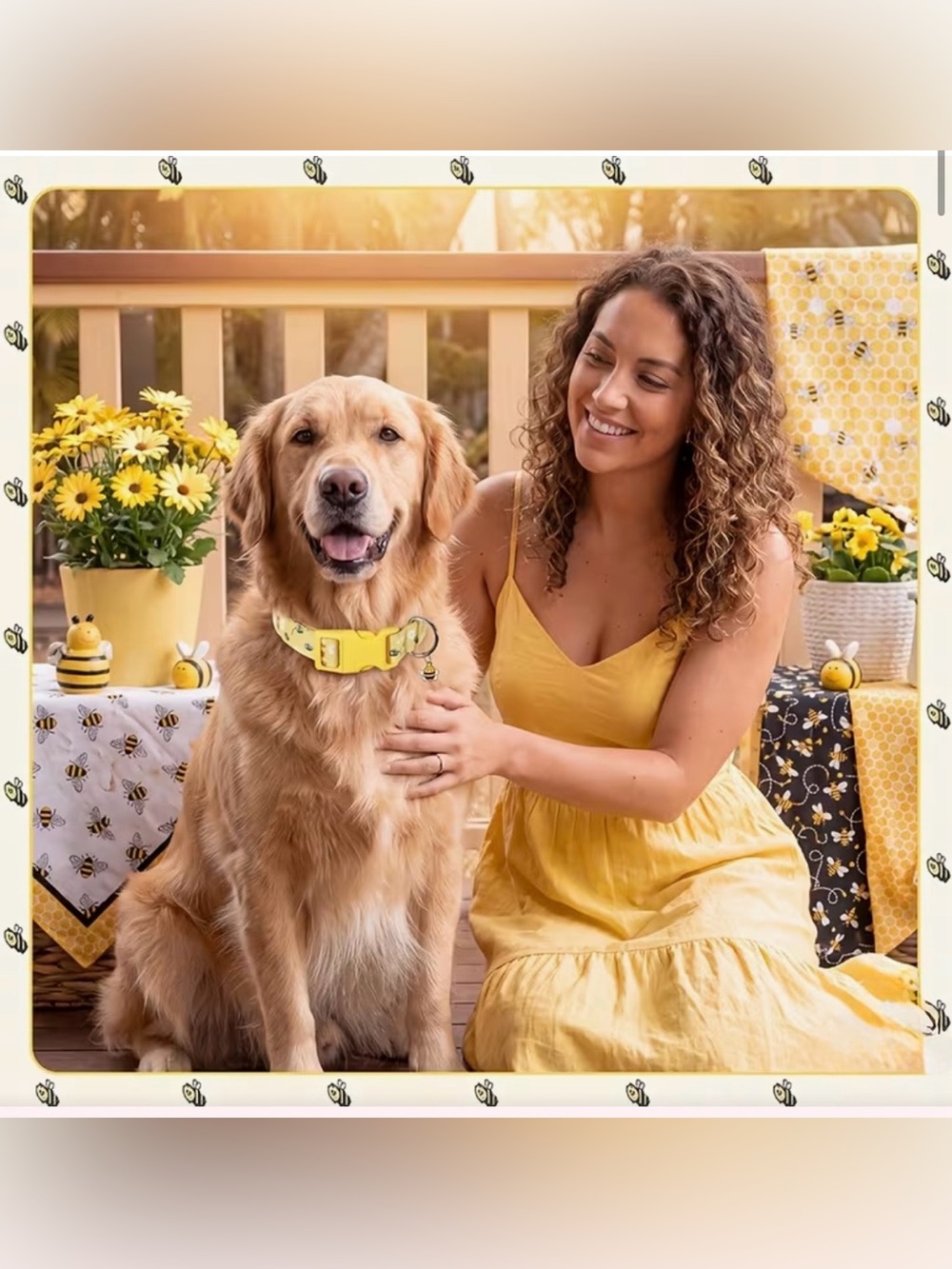 Yellow Bee Print Adjustable Dog Collar with bee charm. 🐝 XS or Medium sizes - Picture 2 of 7